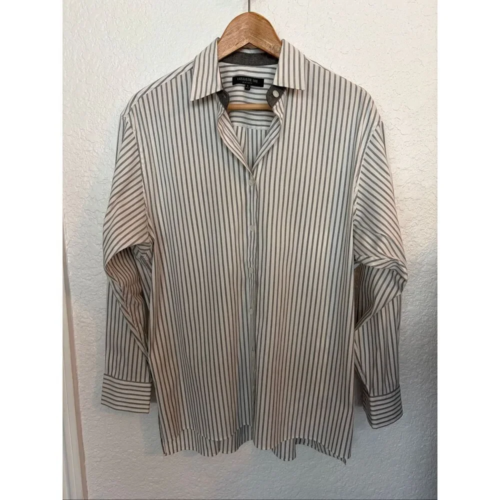 Lafayette 148 New York Helen Striped Button-Down Shirt White, Gray Size S - Picture 4 of 12